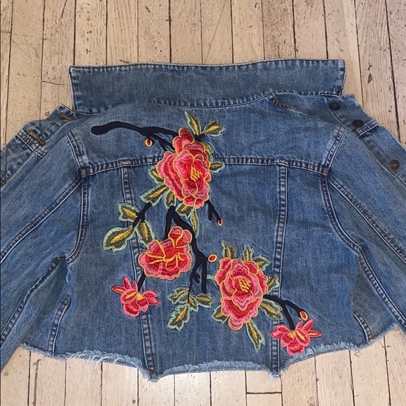 Sunset + Spring Jackets & Blazers - Sunset + Spring Cropped Denim Floral Embroidered